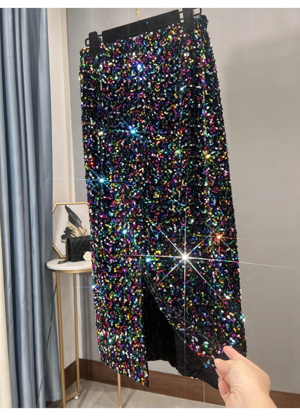 Blingbling New Autumn Winter All-match Mid-long Bodycon Skirt Colorful Sequins Elastic High Waist Slimming Lady Pencil Skirts
