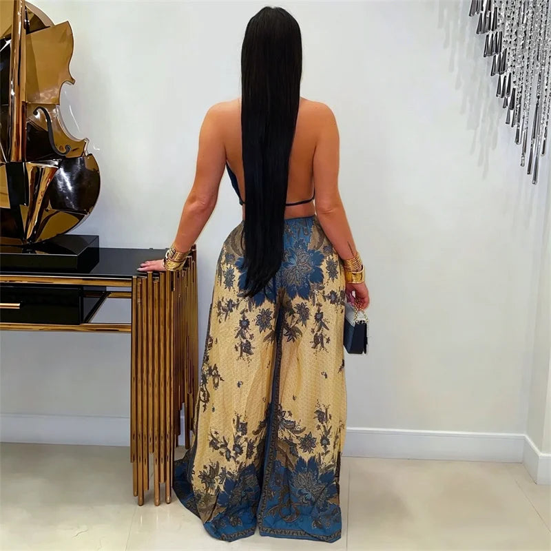 Deep V Neck Halter Sleeveless Lace Up Bow Wide Leg Jumpsuit for Women