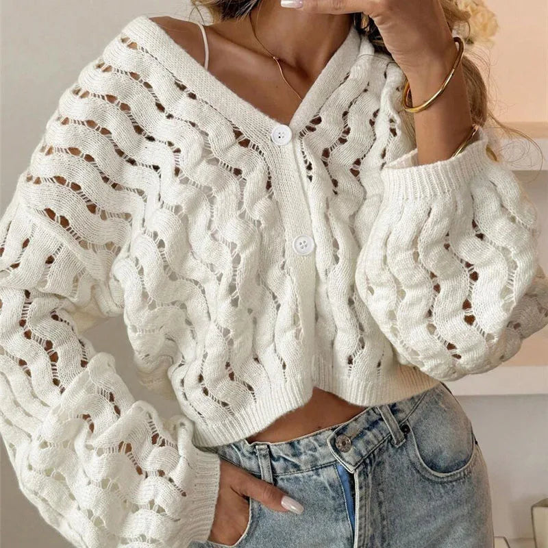 Fashion V Neck Single Breasted Crochet Jacket Woman Sexy Hollow Out Long Sleeve Knitted Sweater Casual Pure Soft Cardigan Jumper