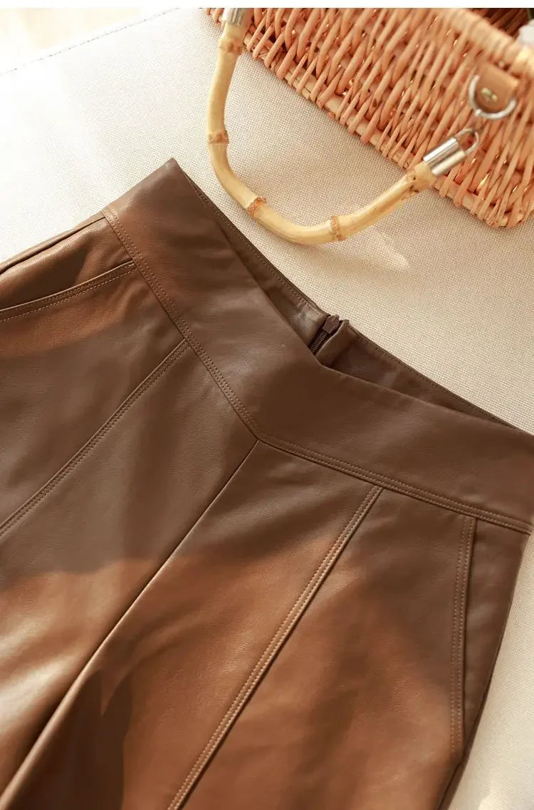 High Waist Wide Leg A Line Patchwork Faux Leather Shorts For Women