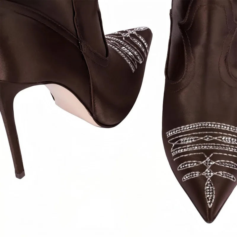 Retro Embroidered Rhinestone Knee High Cowboy Boots for Women