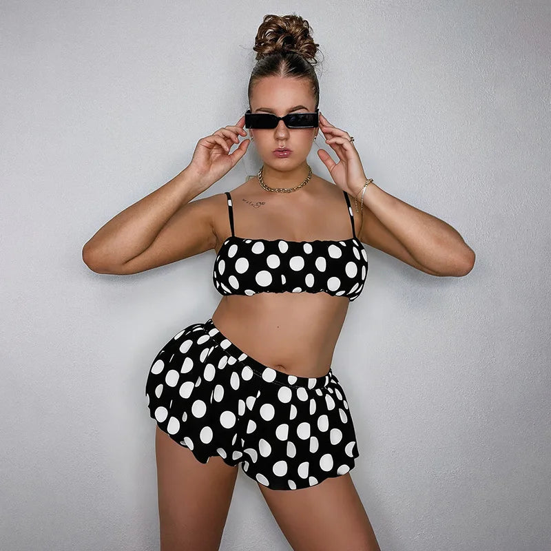 Polka Dot Spaghetti Strap Crop Top and Shorts Two Piece Set for Women