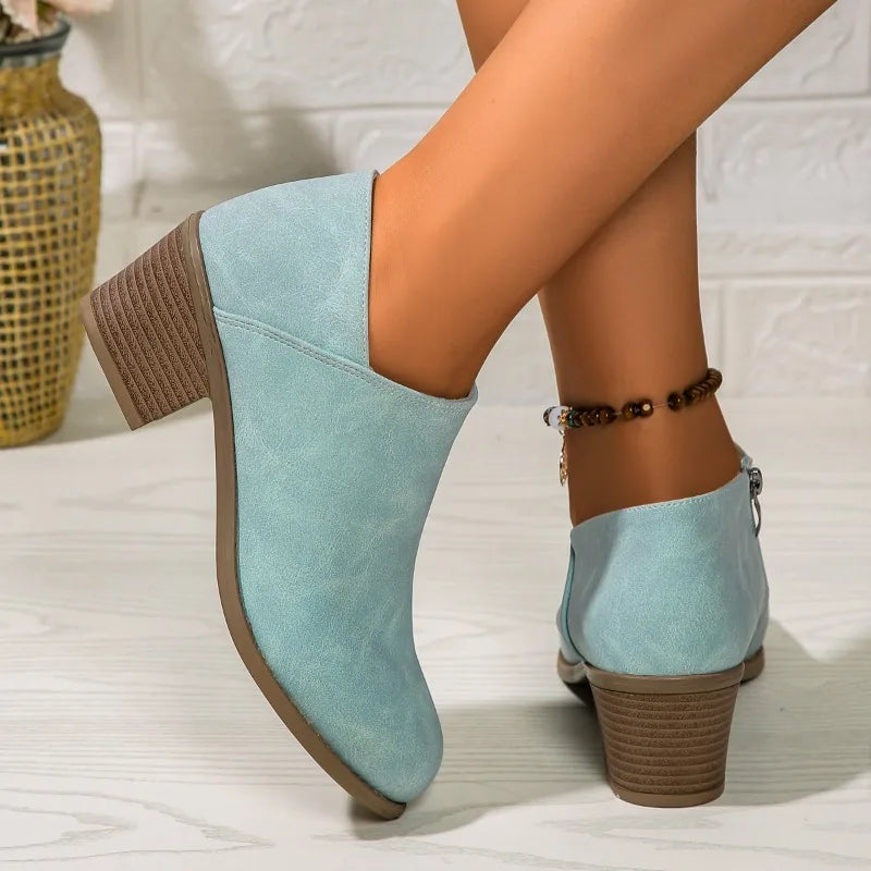Elegant Suede Side Zipper Square Heel Ankle Boots for Women