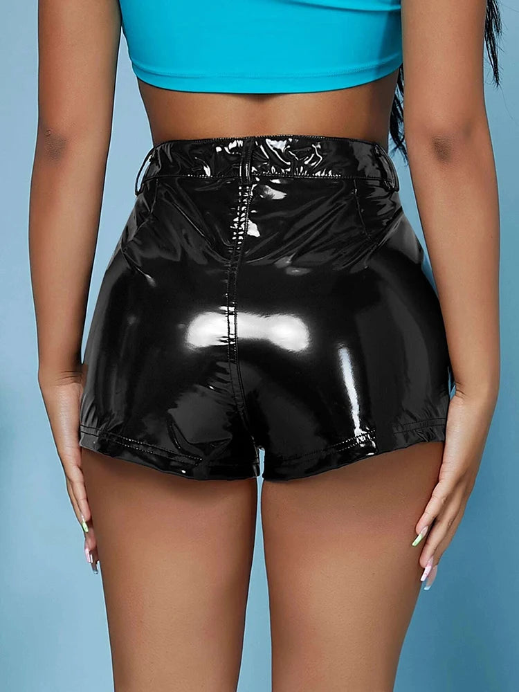 High Waist Shiny Faux Leather Shorts With Side Pockets For Women