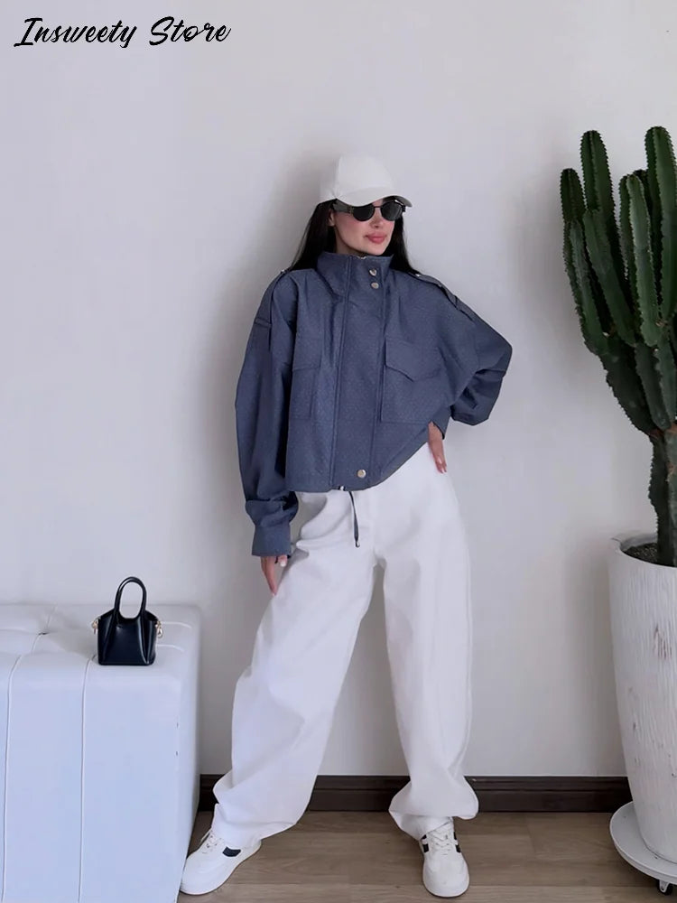 Casual Cropped Jacket With Stand Collar and Drawstring Hem for Women