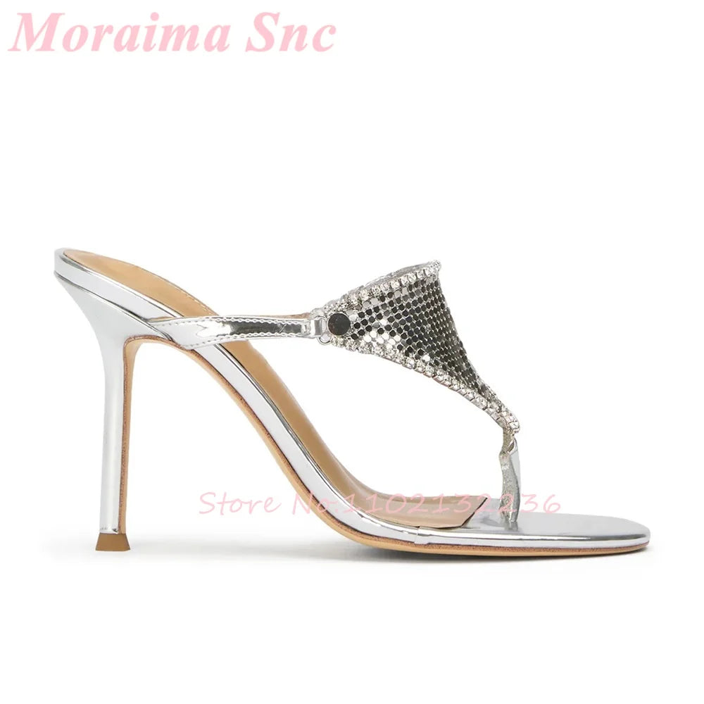 Mirror Silver Metallic Stiletto Heel Mule Sandals For Women