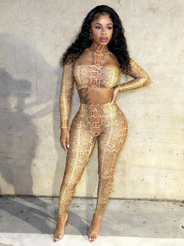 Snake Print Backless Crop Top and Leggings Two-Piece Set for Women