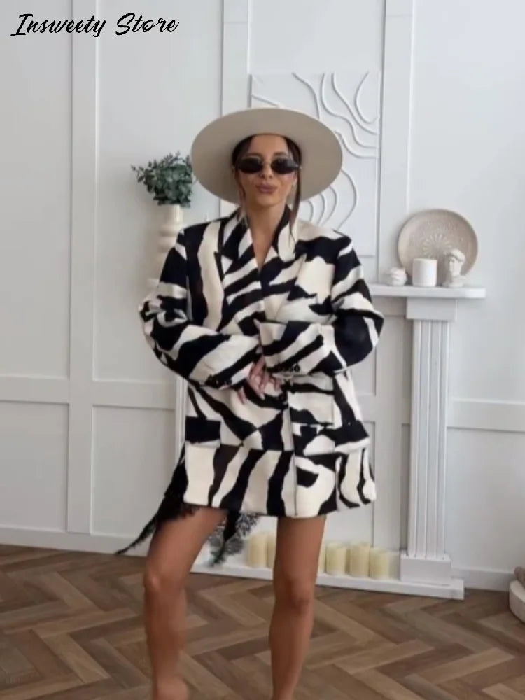 Oversized Zebra Print Long Sleeve Blazer for Women