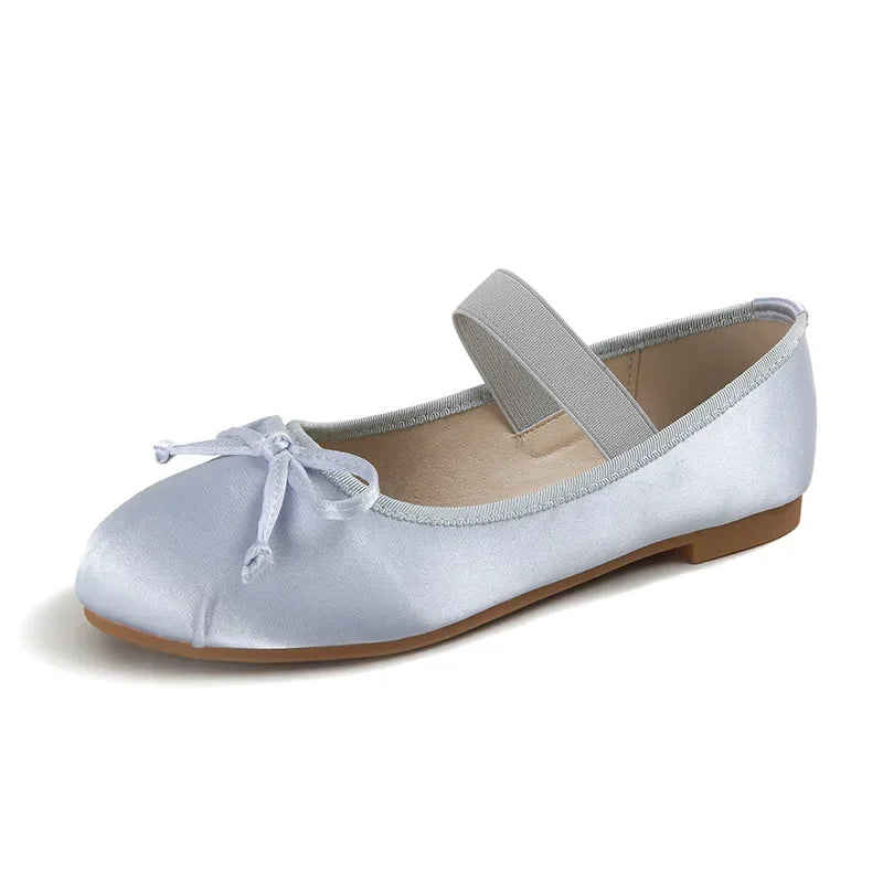 Round Toe Bow Satin Mary Jane Ballet Flats for Women