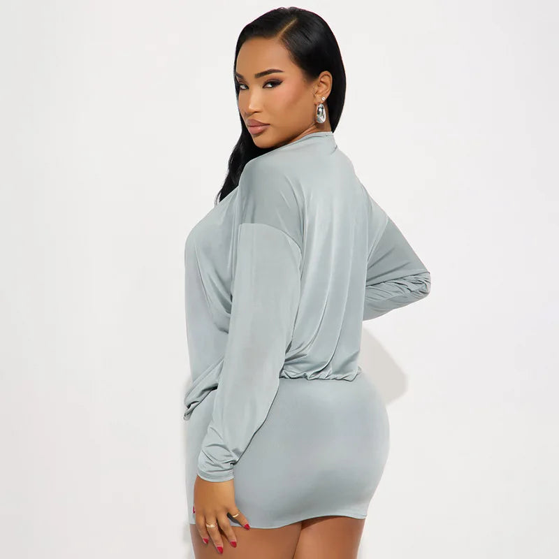 Solid Color Long-Sleeved V-Neck Mini Dress for Women