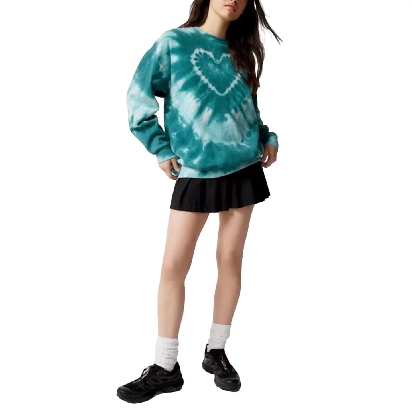 Women's Spring and Autumn Loose Heart Tie Dye Round Neck Sweatshirt Long Sleeve Heart Tie Dye Printed Round Neck Sweatshirt