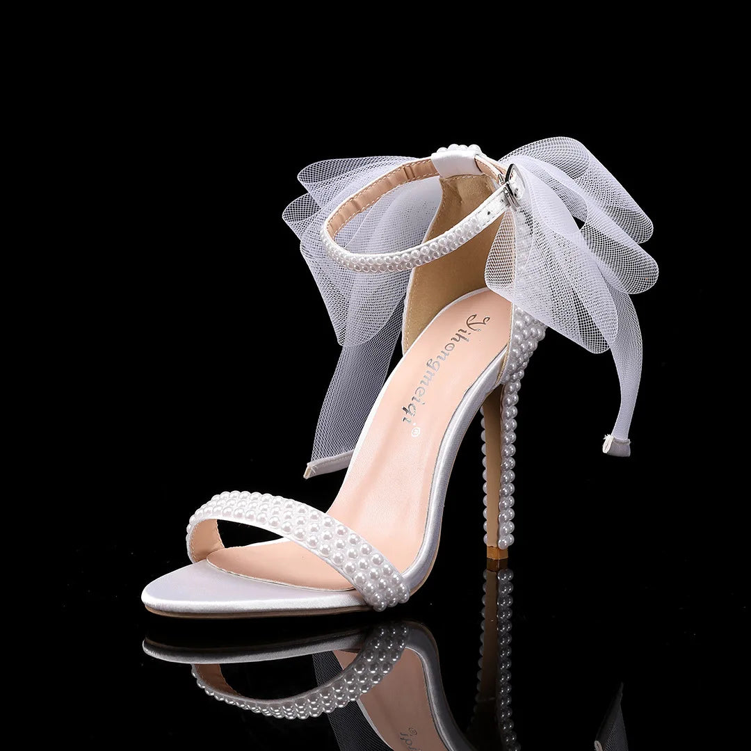 Elegant Pearl Beaded Mesh Bowknot Sandals for Women