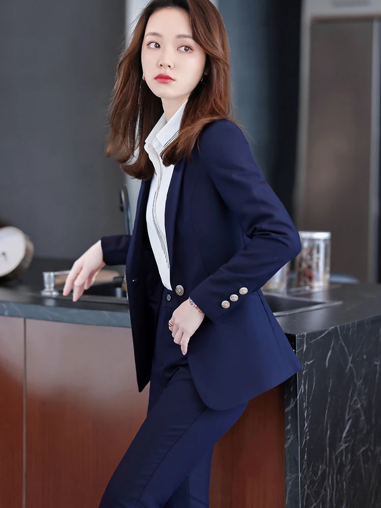 Women Blue Navy Black Formal Blazer Pant Suit Female Solid Jacket and Trouser 2 Piece Set For Office Ladies Winter Work Wear