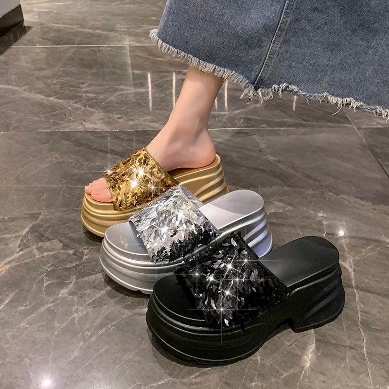 Metallic Sequined Platform Wedge Sandals for Women