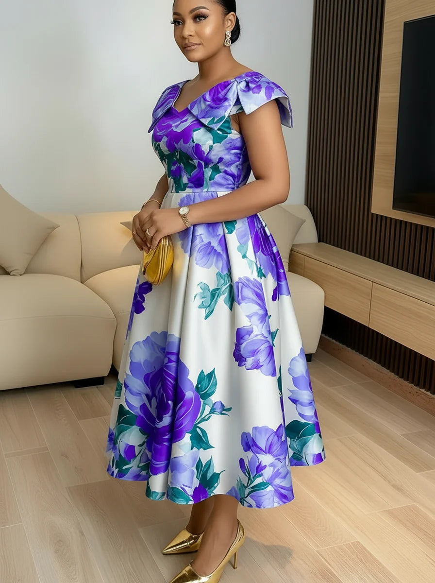 Women Cap Sleeve Floral Print Midi Dress Elegant Pleated Swing Dress For Evening Party Formal Occasion Slim Fit