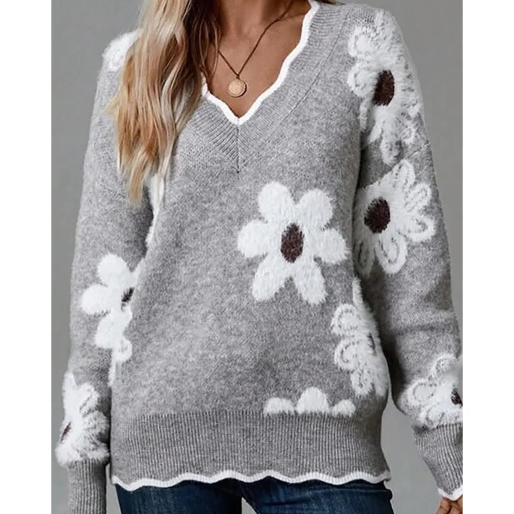 Women Contrast Binding 3D Flower V Neck Long Sleeve Pullover Sweater Casual Loose Fit Fall Top for Autumn Winter Outfits