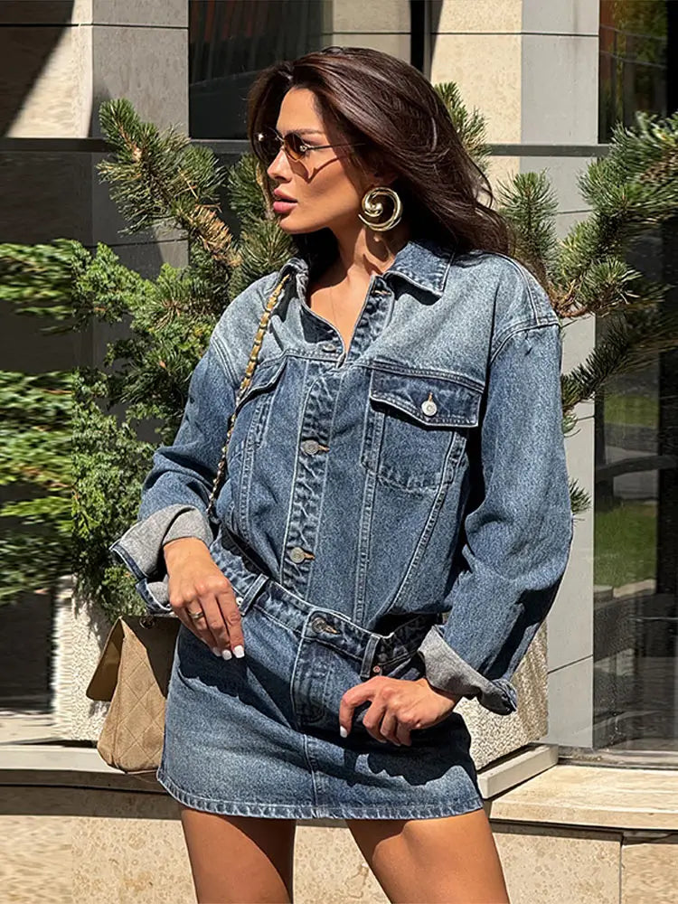 High Waisted Acid Wash Denim Two Piece Set For Women