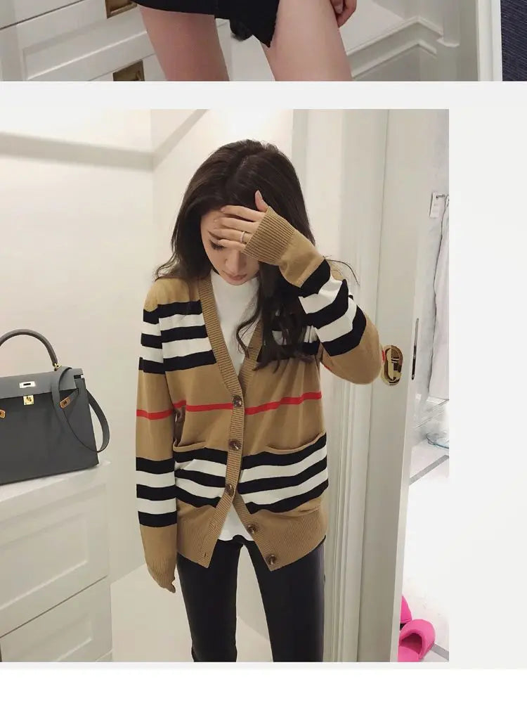 Women's Coat Spring and Autumn Classic Striped Color-block V-neck Mid-length Knitted Cardigan Loose Sweater Coat