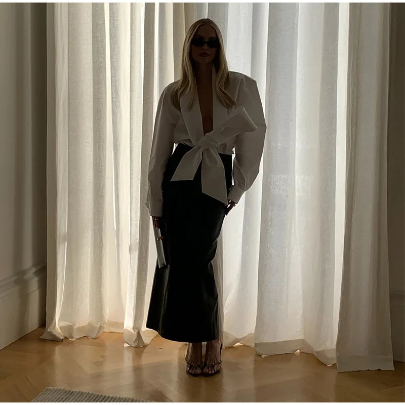 Elegant Bow Detail Pleated Long Sleeve V Neck Blouse for Women