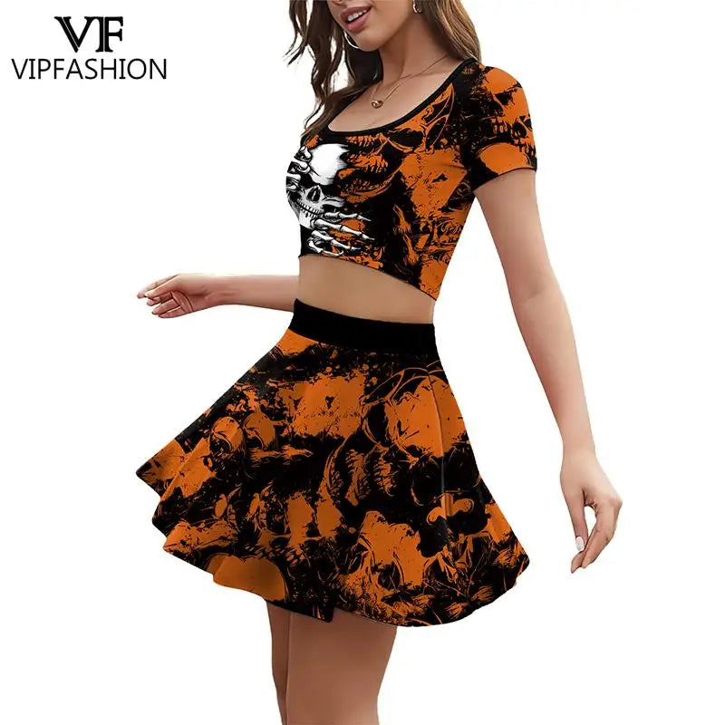 Gothic Skeleton Print Two Piece Costume Set for Women