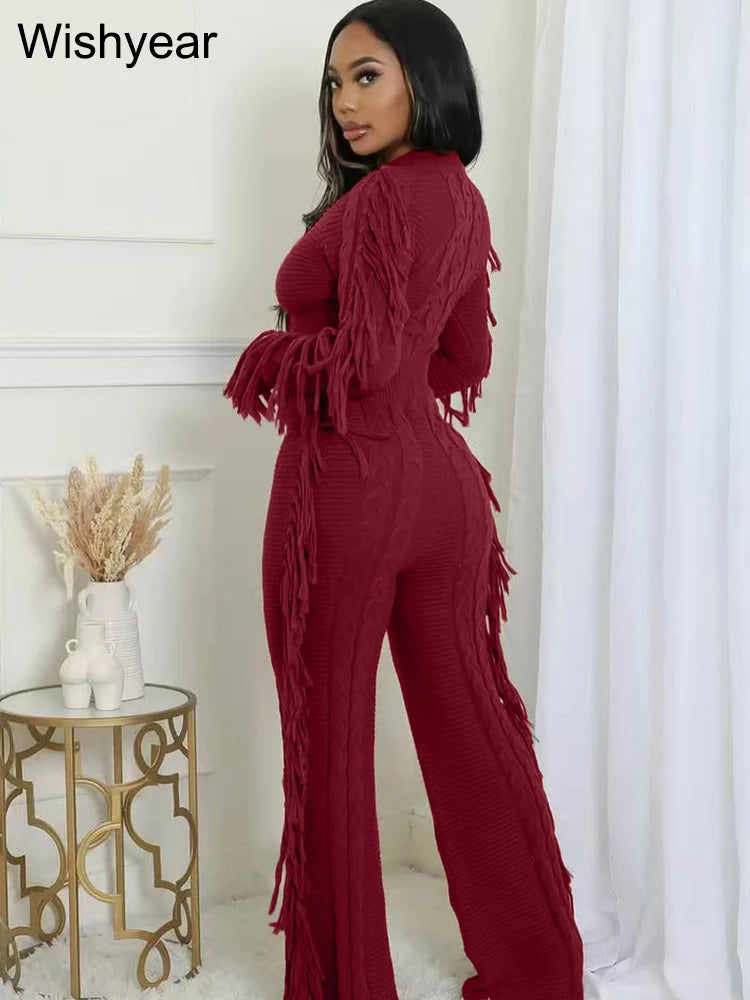 Casual Winter Warm Knitted Sweater Tassel 2 Piece Set  Women Long Sleeve Crop Top and Pants Streetwear outdoors vacation Outfits
