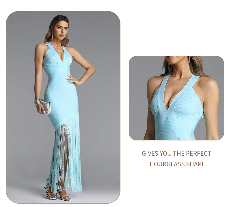 Light Blue Halter Neck Sleeveless Fringe Bandage Maxi Dress for Women