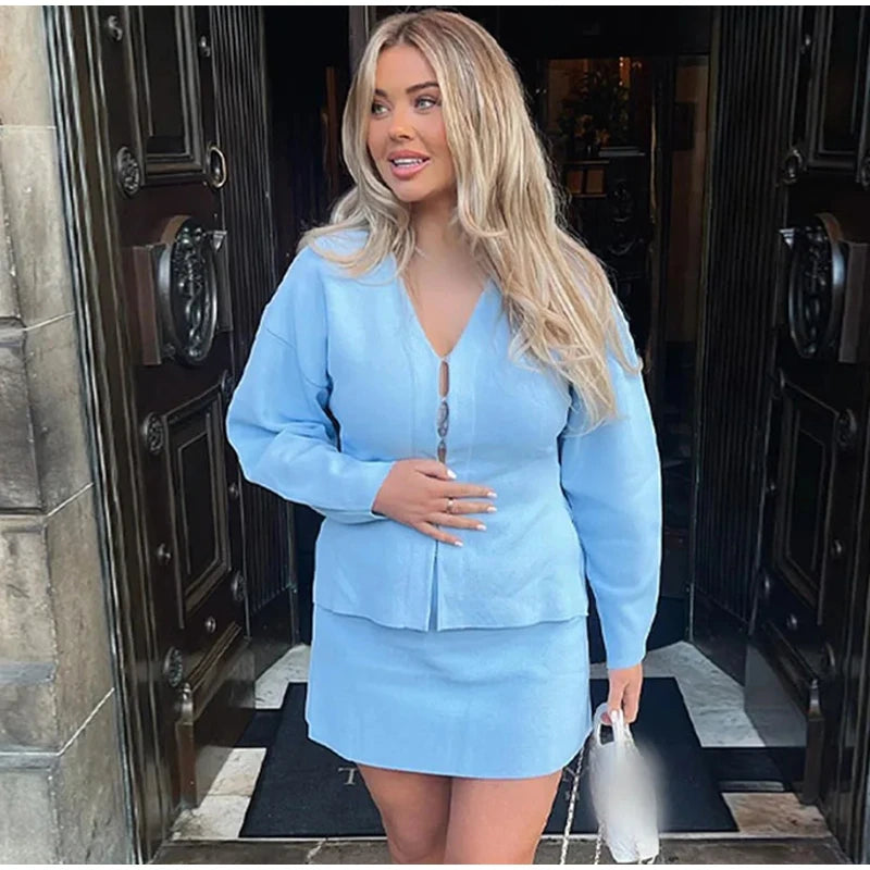 Elegant Knit Two Piece Set With Front Cutout and V Neck For Women