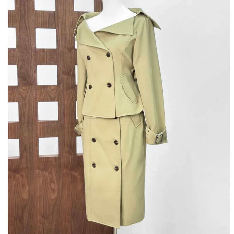 KUCLUT Fashion Elegant Versatile Large Lapel Waist Double-Breasted Short Trench Coat For Women Wrapped Hip Skirts Female 1A800