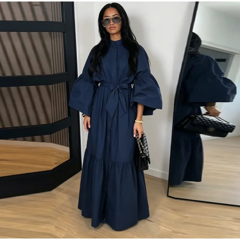 Casual Belted Long Lantern Sleeve Button Dress for Women