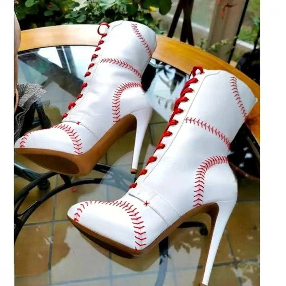 White Red Baseball Lace Stiletto Boots