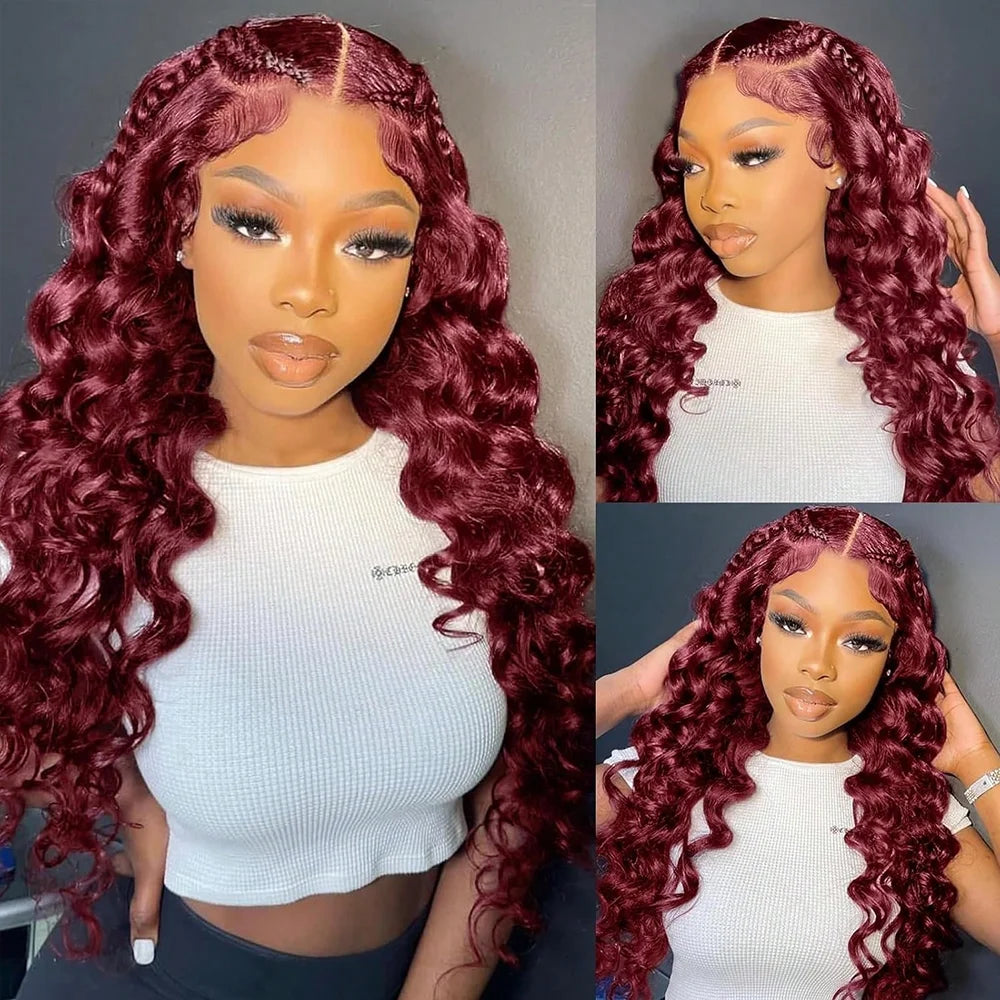 Preplucked Burgundy Deep Wave Lace Front Wig for Women