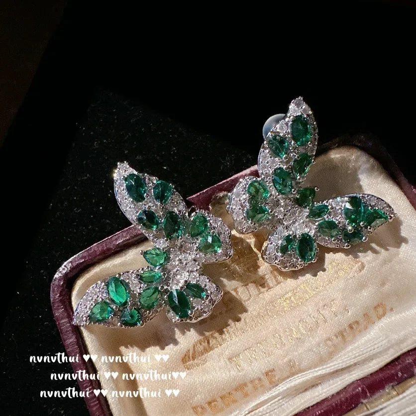 Green Zircon Butterfly Necklace, Ring, and Earring Set for Women