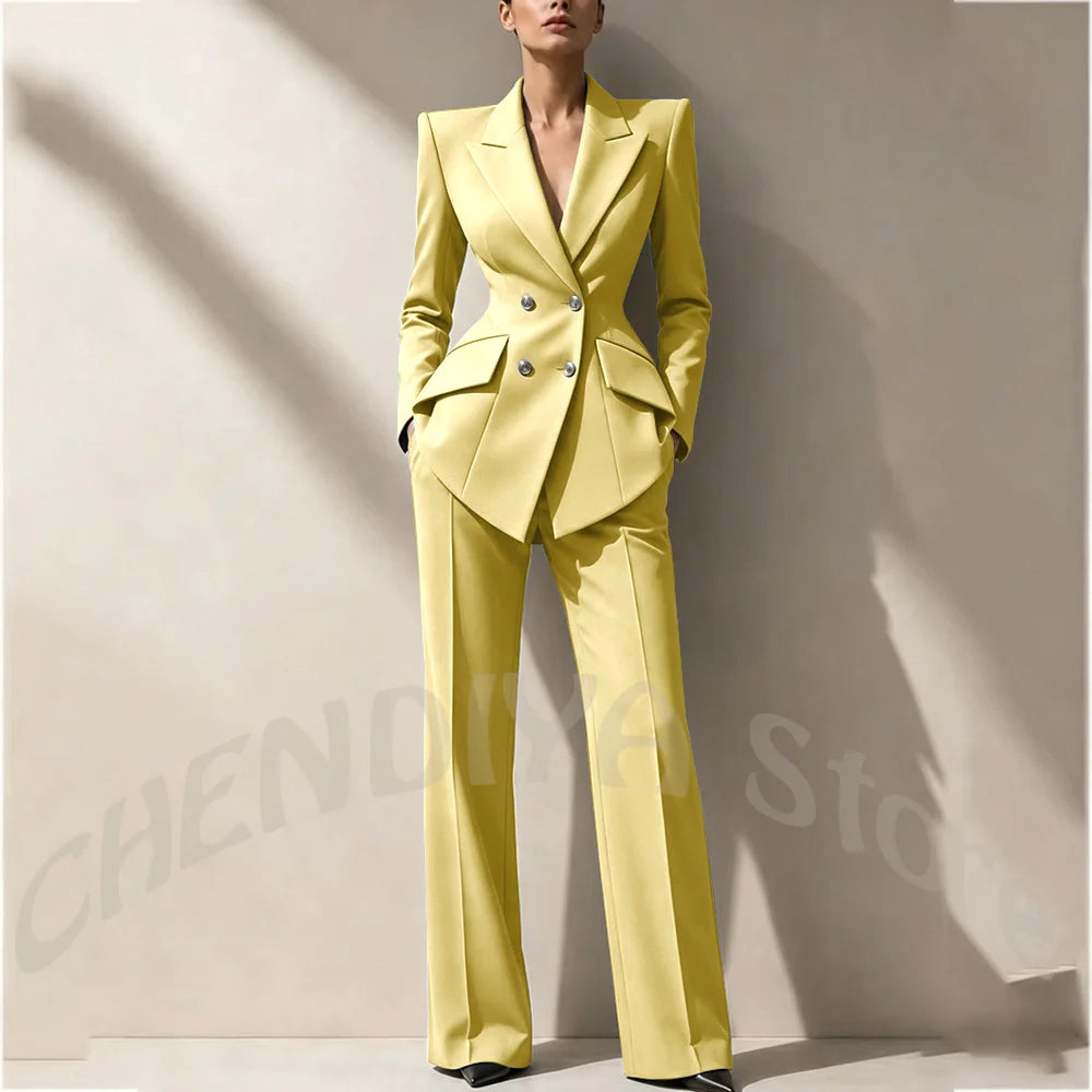 New Arrival Women's Two Piece Suit Peak Lapel Slim Fitted Classic Double Breasted Wedding Guest Evening Gala Party Female Set