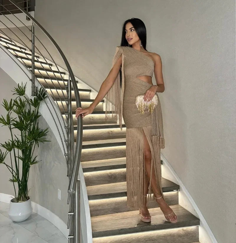 One Shoulder Tassel Ruched Maxi Evening Dress for Women