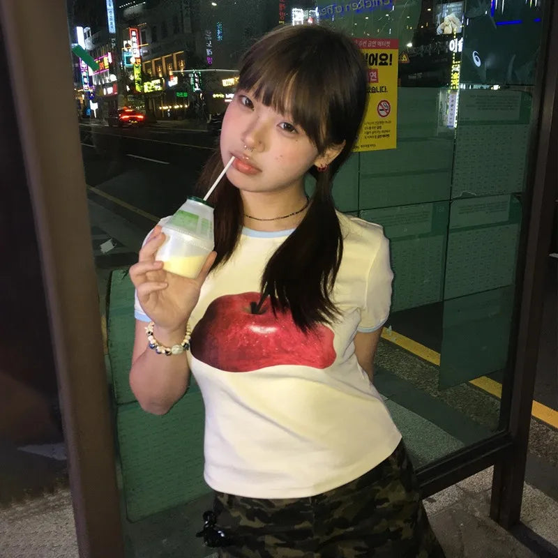 Karrram Japanese Y2k Apple Print T-shirt Vintage 2000s Style Crop Top Harajuku Aesthetics Short Sleeve Tee Shirt American Retro