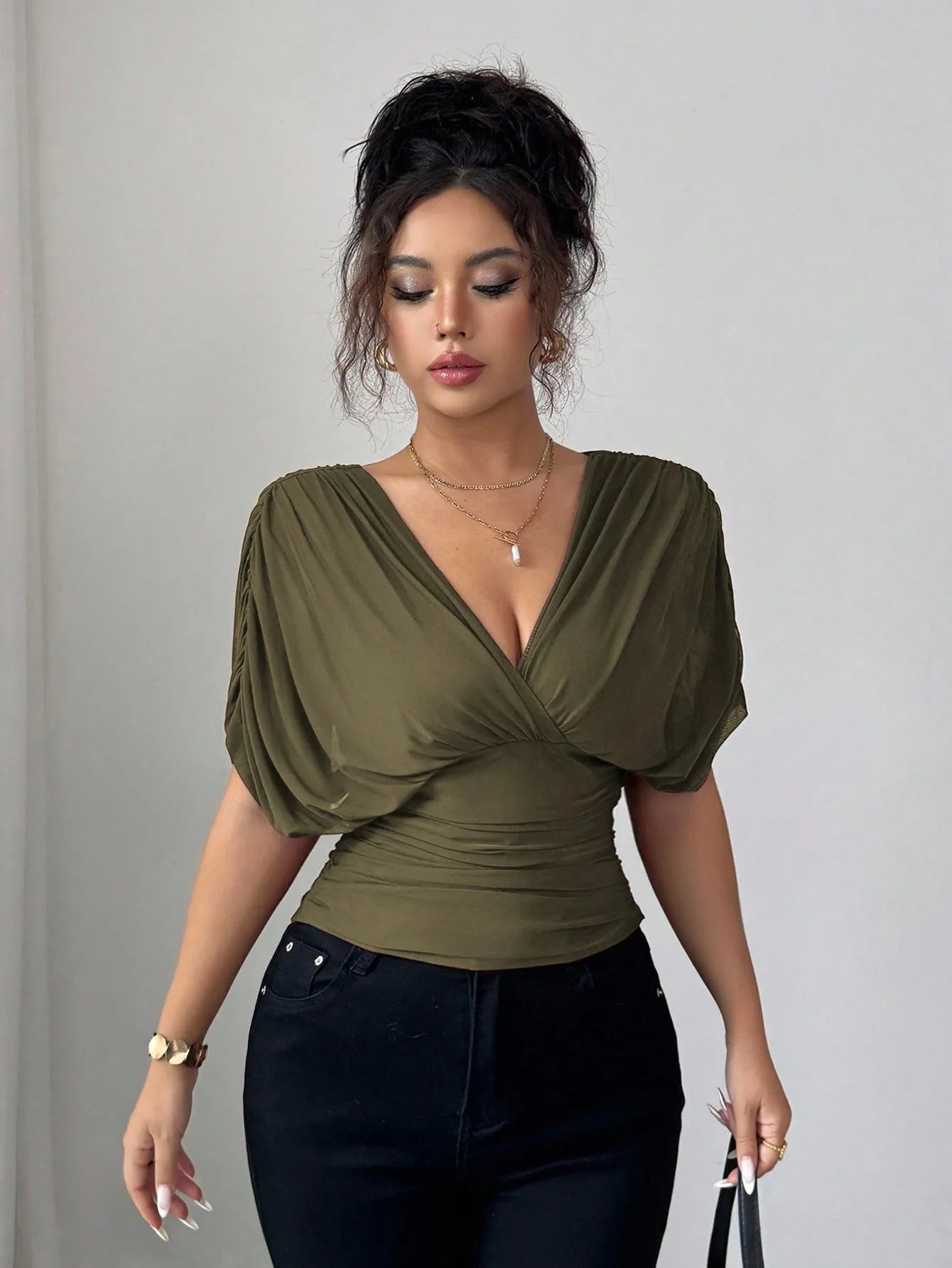 Elegant Deep V Neck Flutter Sleeve Waist Cinching Top for Women