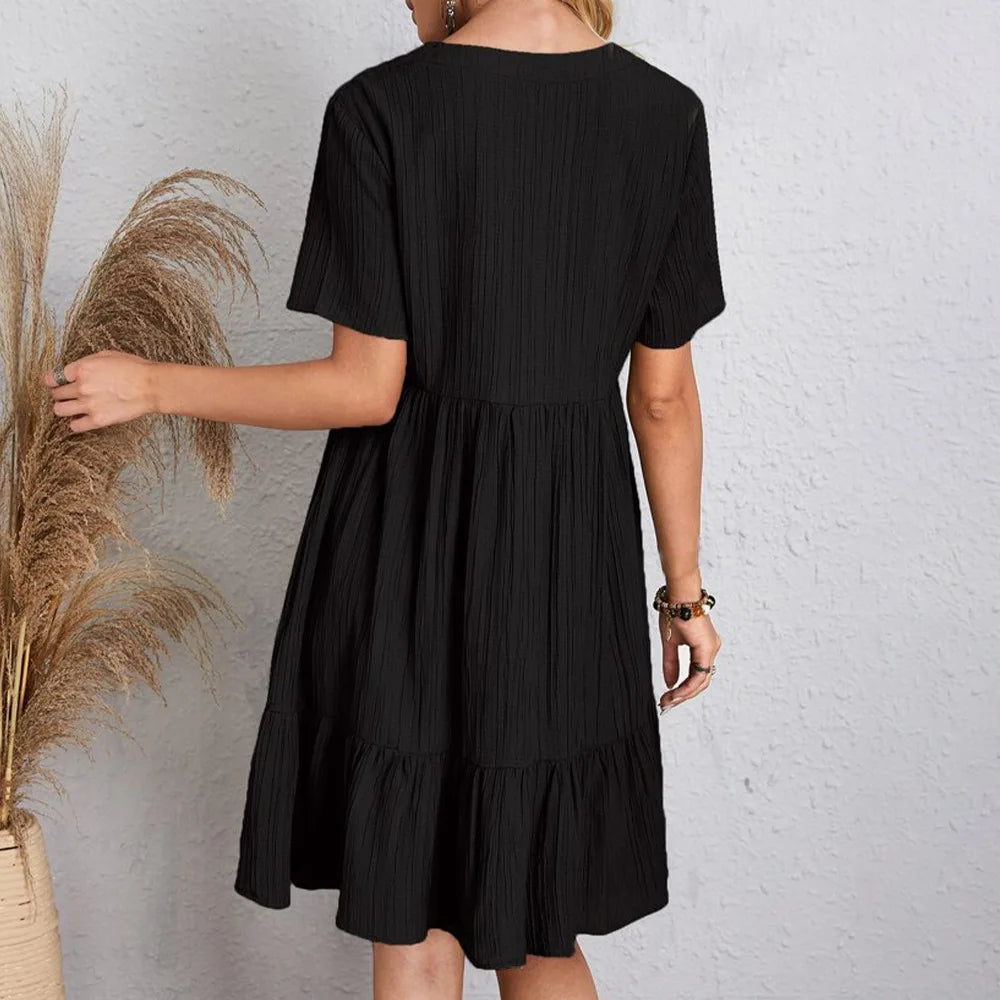 Summer Womens Short Sleeve Mini Dress Ladies Pleated Ruffle Solid Dresses Casual V Neck Vintage Loose Vestidos