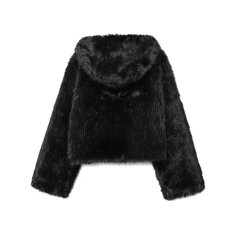 Winter Warm Hooded Faux Fur Long Sleeve Coat with Zipper for Women