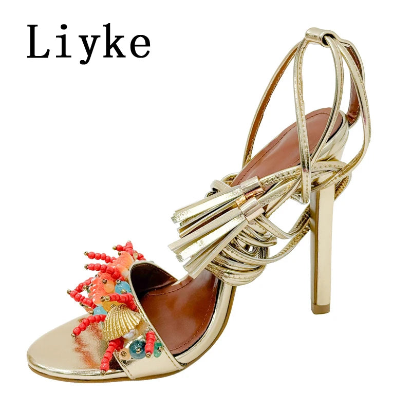 Open Toe High Heel Tassel Ankle Strap Sandals for Women