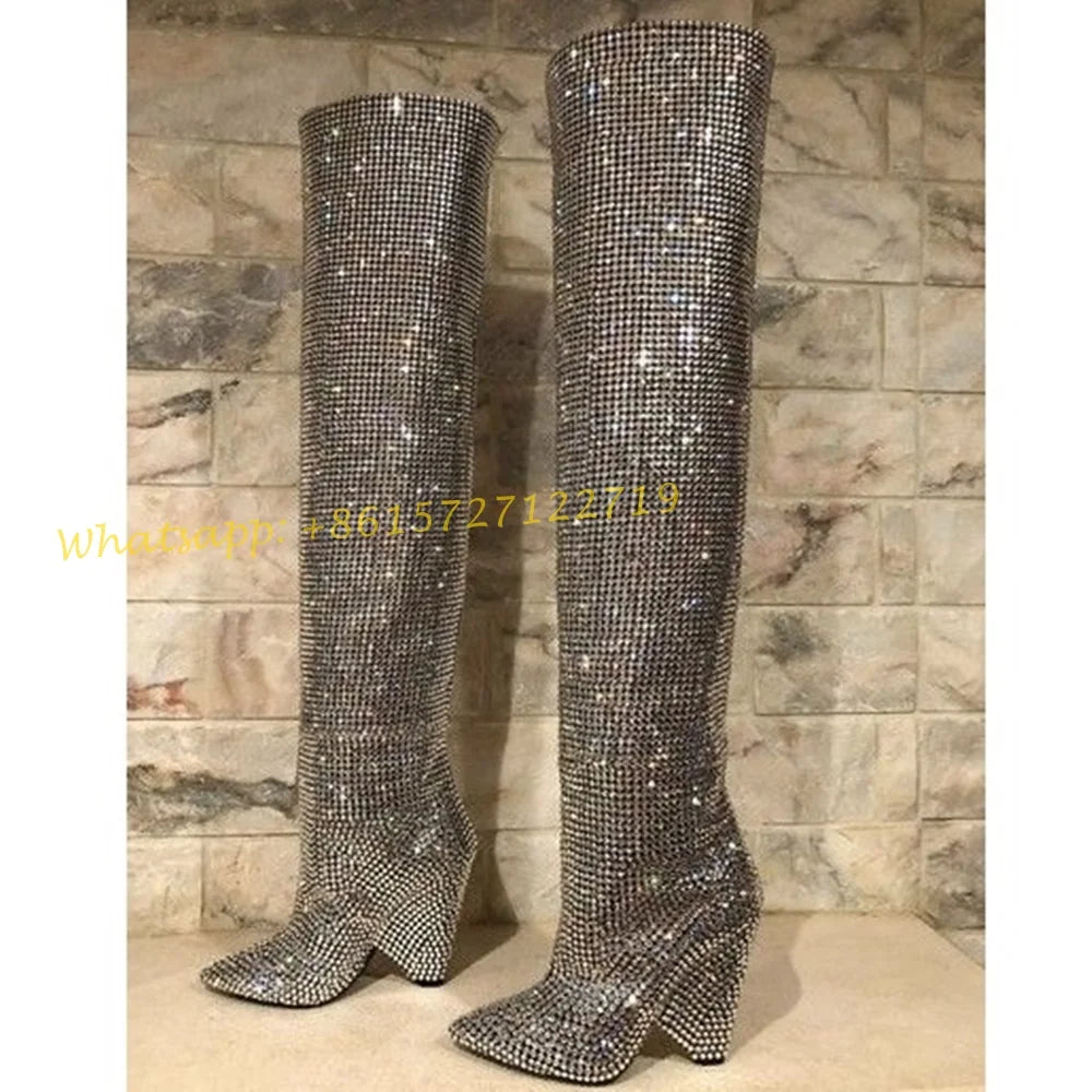 Elegant Crystal Pleated Knee High Wedge Boots for Women