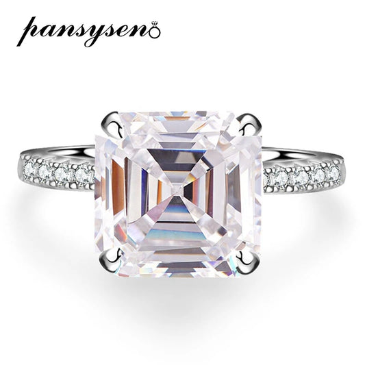 PANSYSEN Luxury 925 Sterling Silver 9*9MM Asscher Cut Real Moissanite Wedding Engagement Ring 18K White Gold Plated Fine Jewelry