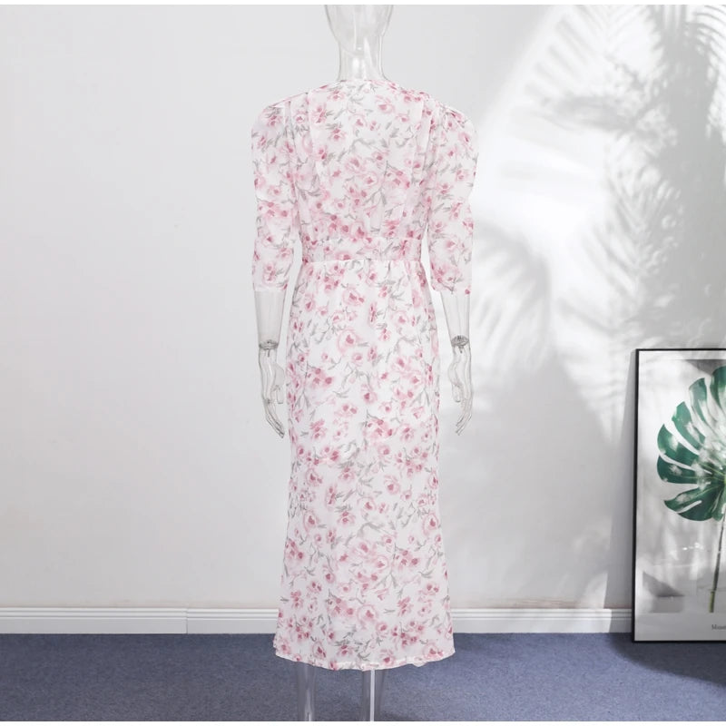 Printed Organza Deep V-neck Half Sleeve Cinched Waist Pleated Dress for Women
