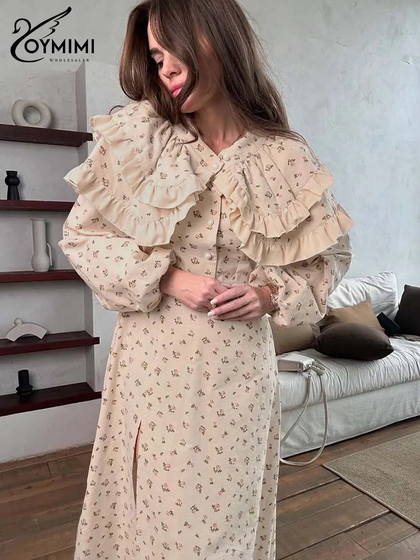 Oymimi Casual Apricot Print 2 Pieces Set For Woman Elegant Long Sleeve Button Ruffled Shirts And High Waist Side Slit Skirts Set