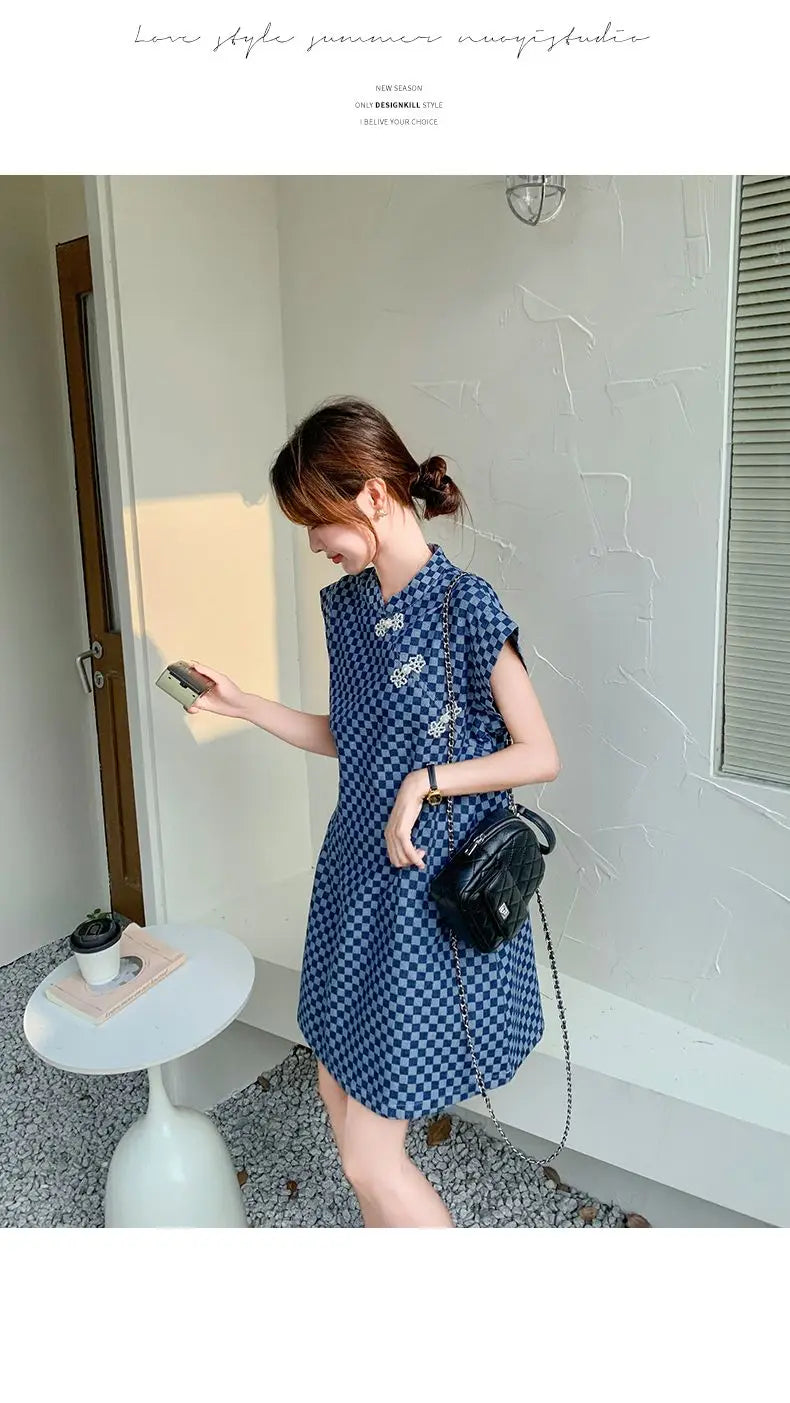 Checkered Ethnic Style Summer Lightweight A Line Dress for Women
