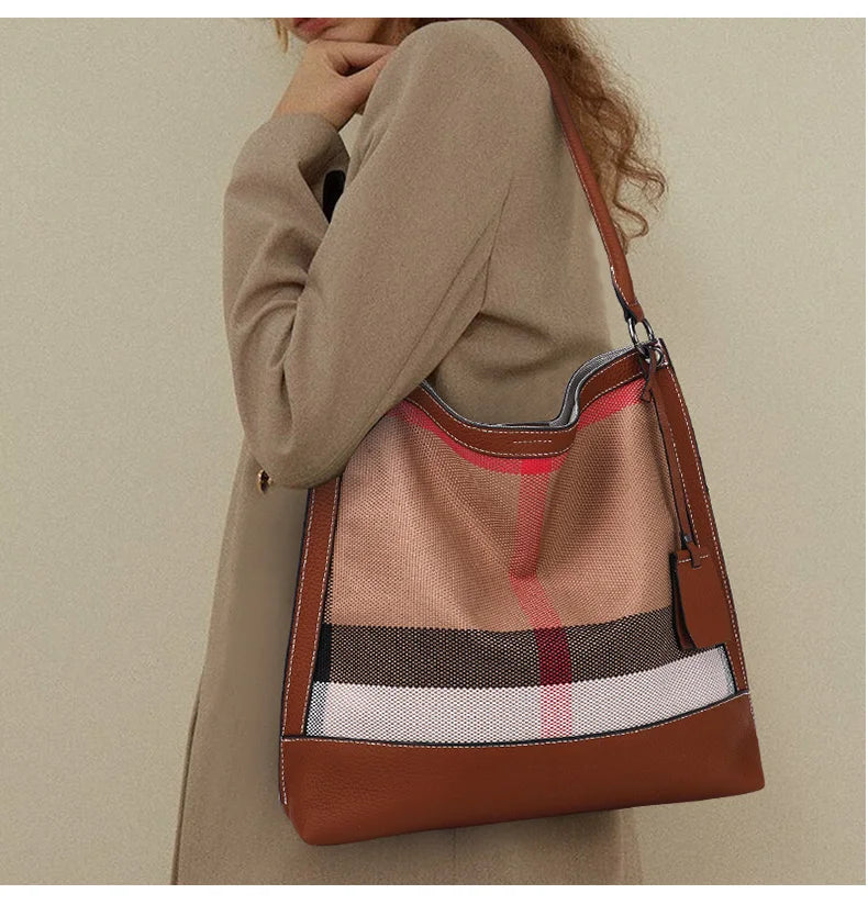 Versatile Large Capacity Plaid Canvas Messenger Bag for Women