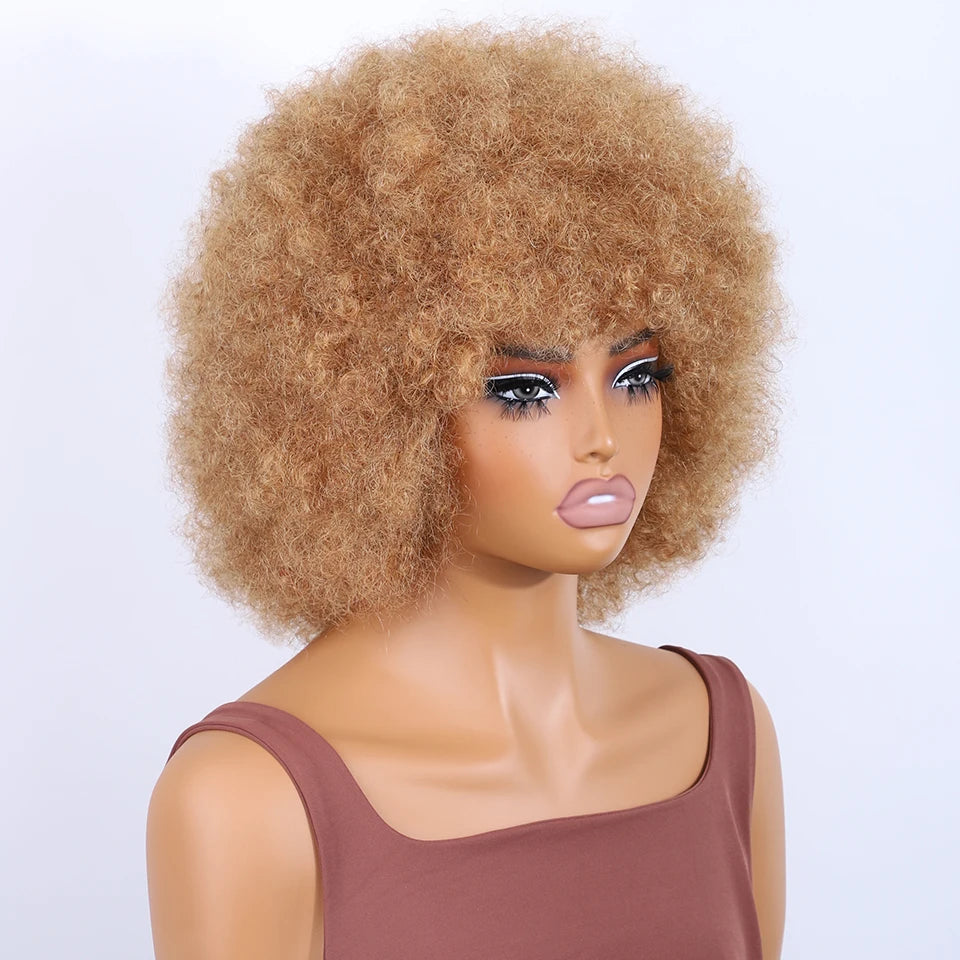 Human Hair Afro Kinky Curly Bob Wig with Glueless Cap for Women