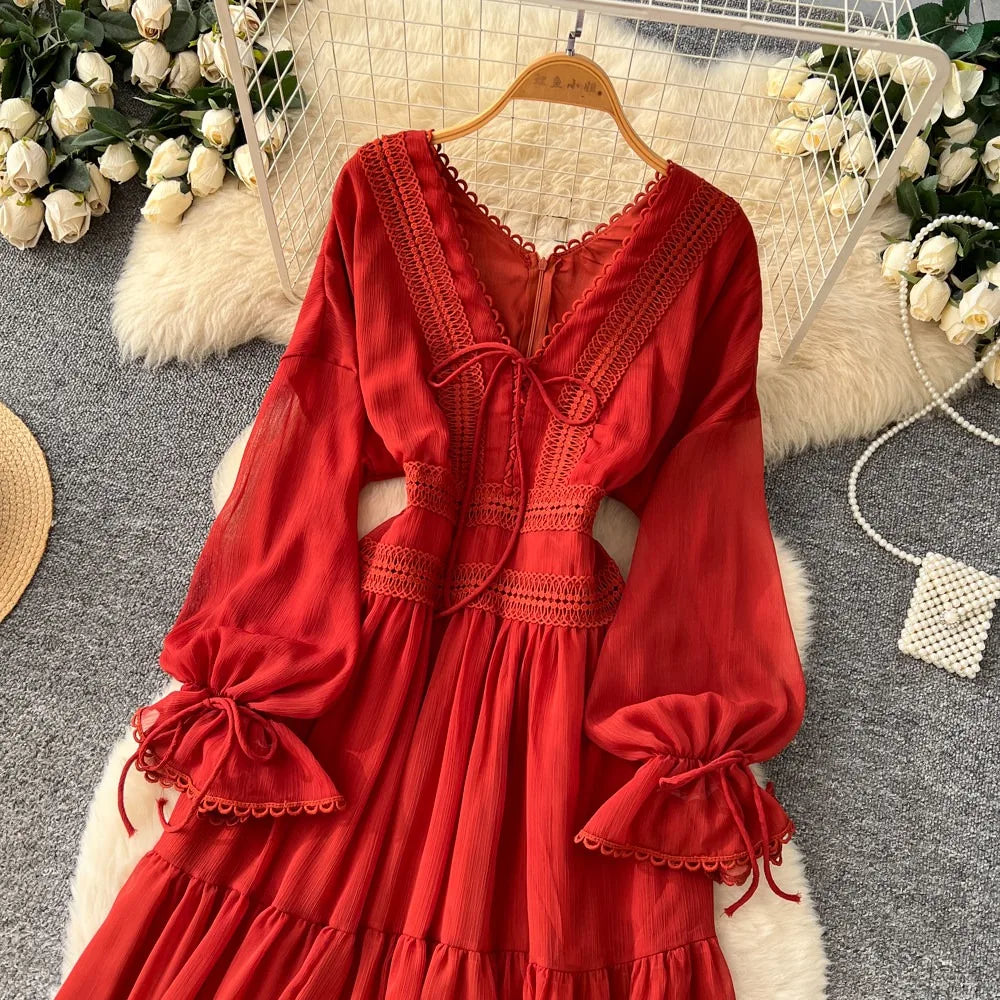 Elegant French V-Neck Waist-Cinching Maxi Dress for Women