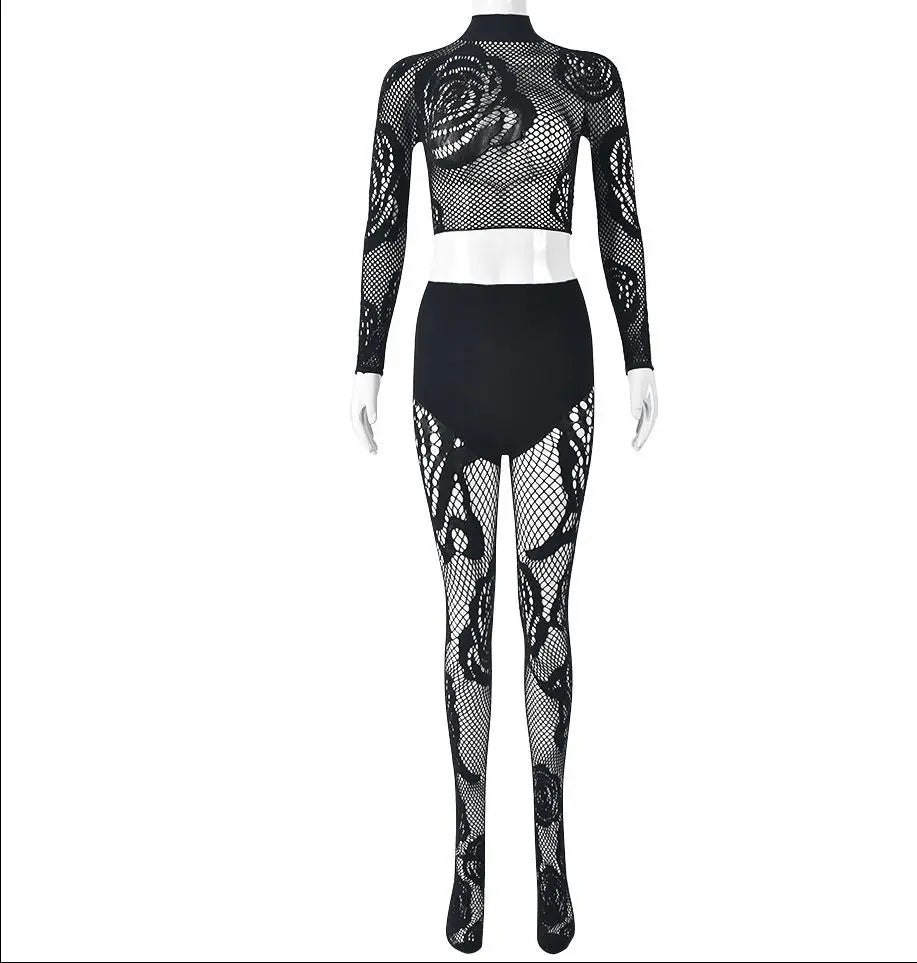 FAGADOER Sexy Lace 2 Piece Set Women Outfit Mesh See Though Long Sleeve Crop Top + Pants Suit Fashion Female Streetwear Overalls
