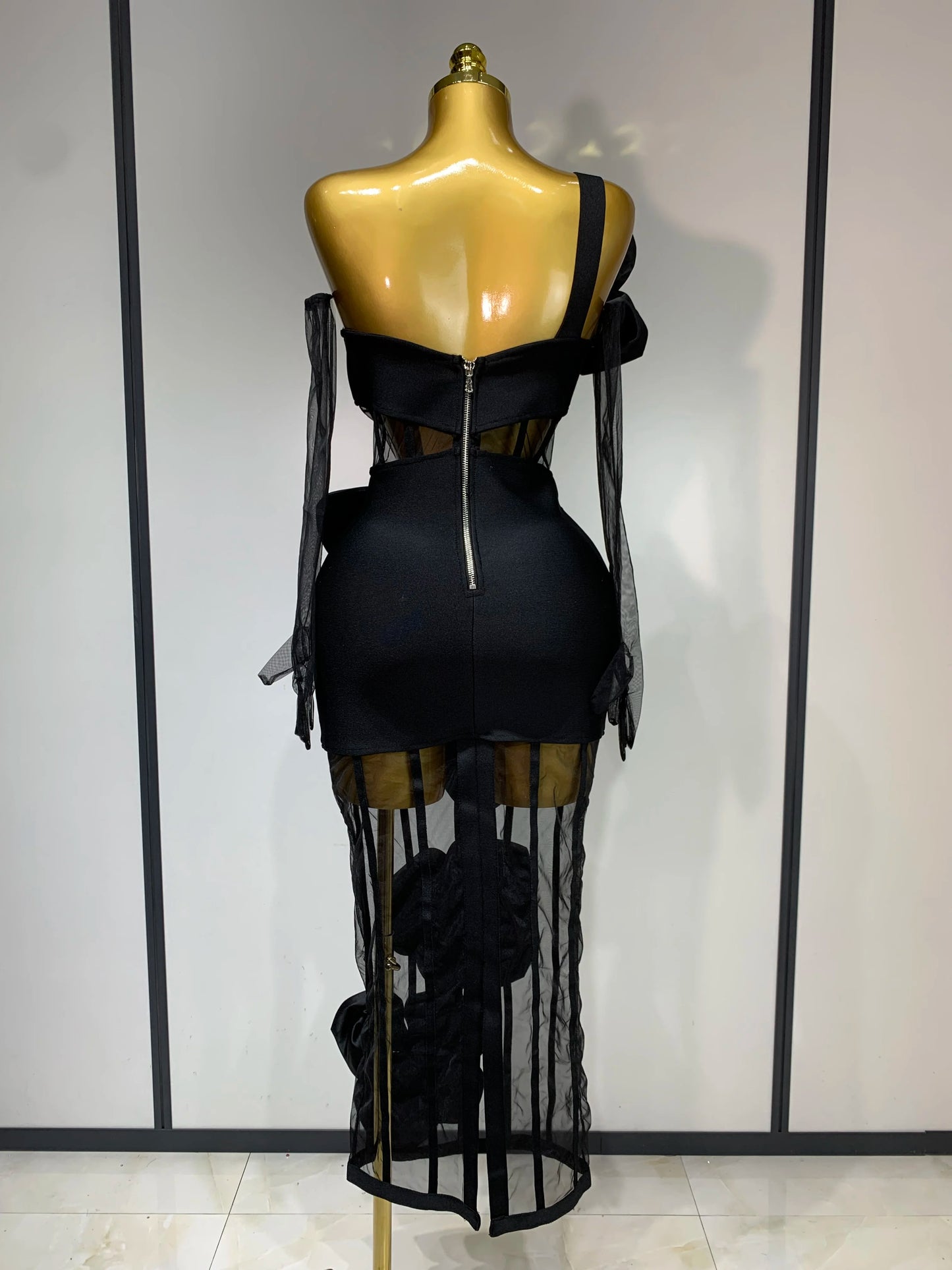 Women Sexy One Shoulder Bow Mesh See Through Bandage Bodycon Dress With Gloves Black Sleeveless Elegant Party Birthday Dresses