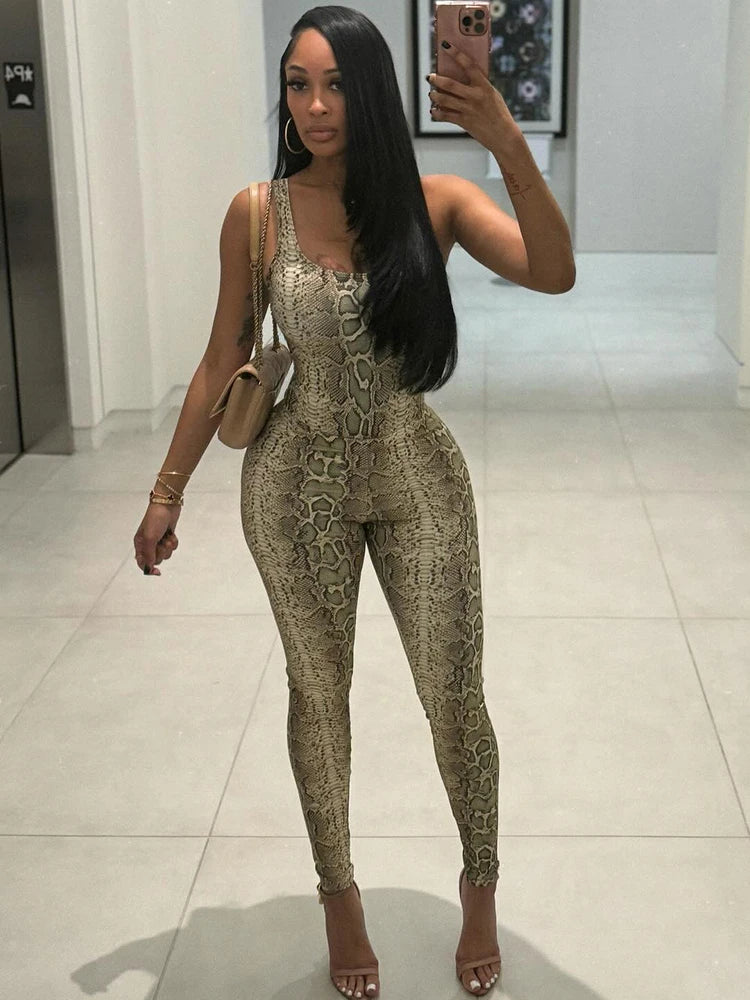 Cutenew Woman Sexy Snake Print Jumpsuit Tight Stretch Sleeveless Skinny Midnight Clubwear Party Sexy Activity Workout Overalls